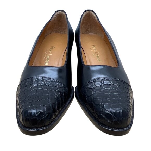 Ralph Lauren Black Leather Croc Embossed Toe Low Heel Pumps Sz 6B - Picture 2 of 8